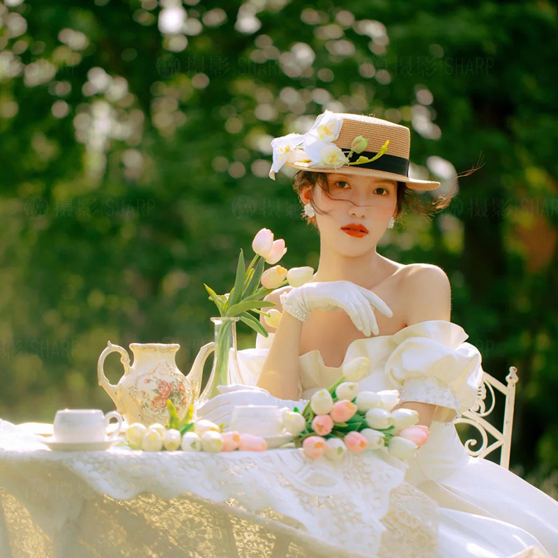 新款粘花礼帽 装饰太阳帽外景森系拍照道具女士平沿防晒法式草帽