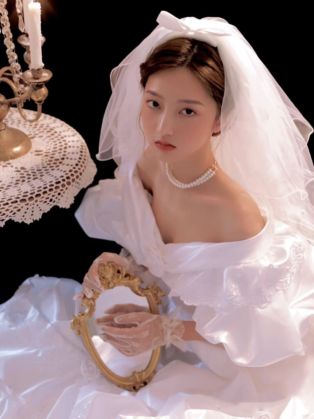 创意婚纱摄影田园风格 旅拍复古欧式外景写真 金边镜子拍照摆件