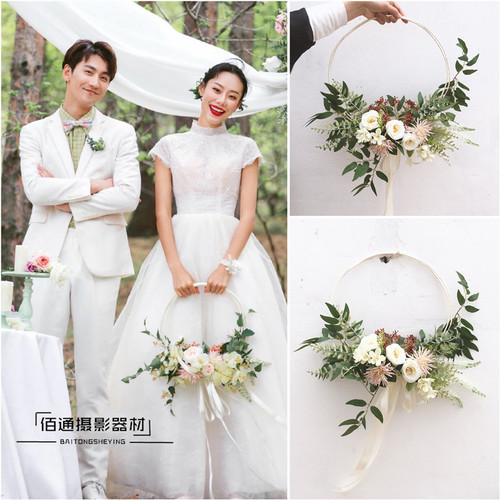 外景旅拍摄影 环形手捧花 唯美小清新 韩式新娘婚礼样片 手提花环