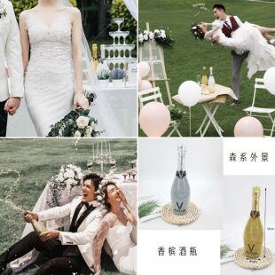 外景森系旅拍道具 套餐 奢华金色银色镶钻 香槟酒瓶 桌椅酒杯架子