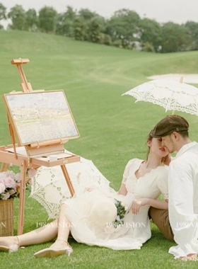 法式新款婚纱摄影道具外景旅拍田园风格画架复古油画黑色弯把竹伞