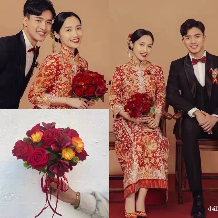 设计款秀禾手捧花古装中式婚礼新娘手拿红色玫瑰花束拍照仿真花球