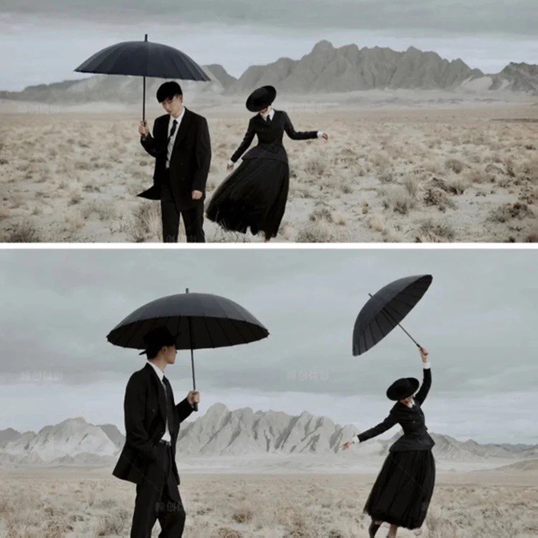 新款街拍摄影大黑伞影楼婚纱写真拍摄道具外景法式复古黑色雨伞