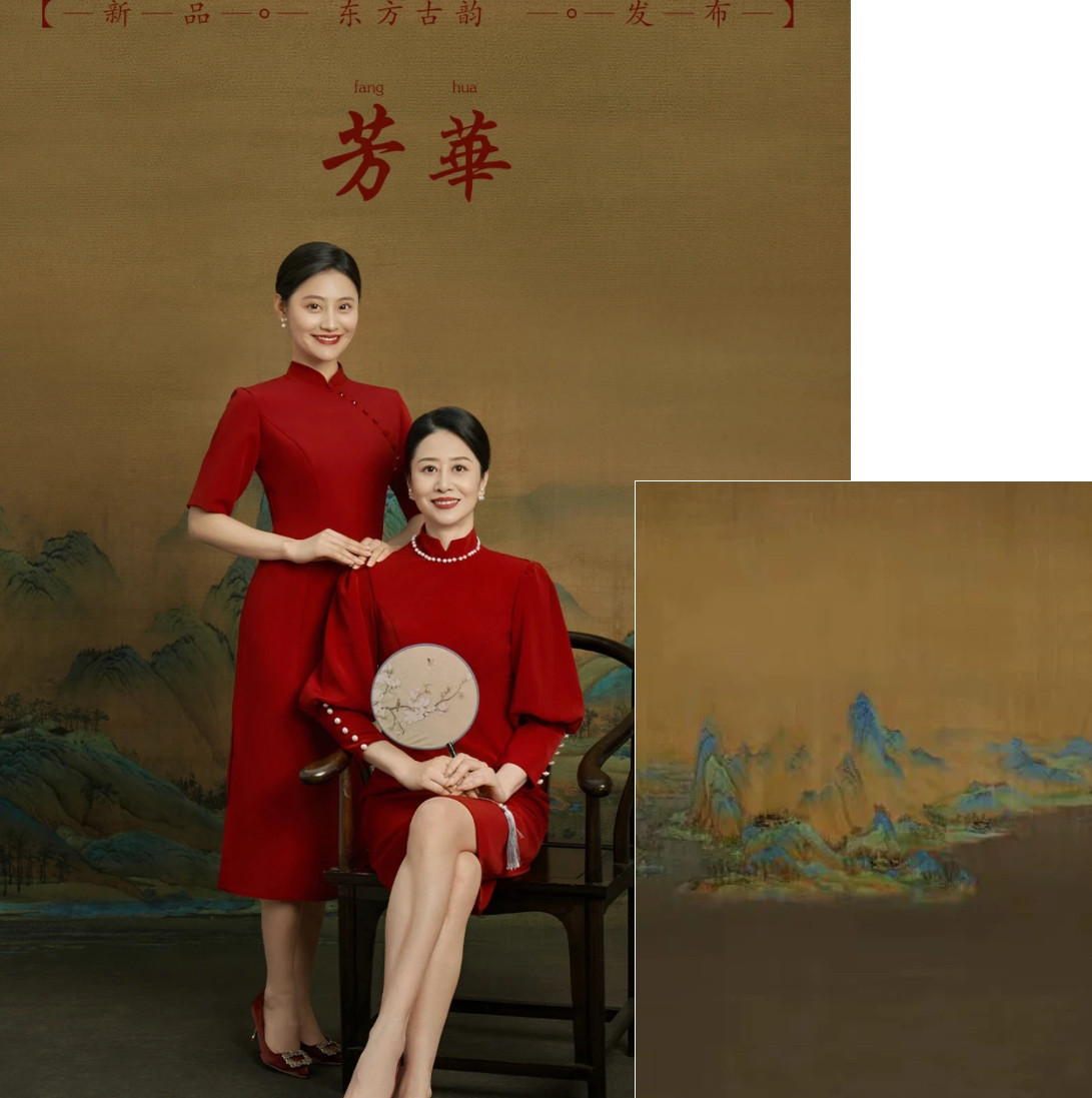 新中式全家福油画背景旗袍纹理影楼室内影棚摄影中国风直播背景纸