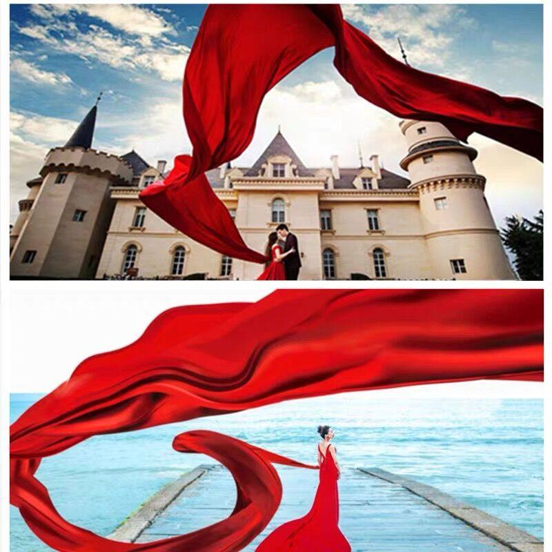 10米飘纱摄影道具薄飘雪纺影楼婚纱摄影拍照海滩外景道具红色绸缎