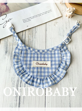 Onirobaby原创猫咪围兜围脖狗狗口水巾蓝色格子幼犬小猫咪围嘴