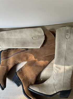 手工制 秋冬新款美拉德 西部牛仔靴 复古做旧中跟长靴