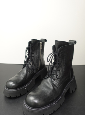 现货 新款系带手工短靴 水洗复古做旧马丁靴 高帮厚底增高女鞋