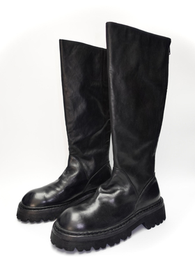 手工制全马皮厚底圆头水洗后拉链骑士靴 高筒靴