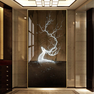 新中式晶瓷画轻奢竖版客厅入户玄关装饰画抽象麋鹿挂画壁画包邮
