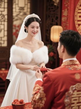 婚纱披肩冬季2025新款高档皮草结婚新娘礼服秀和服外搭斗篷披风厚
