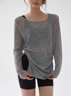 运动罩衫女网纱速干上衣瑜伽服长袖普拉提训练服t恤健身网球套装