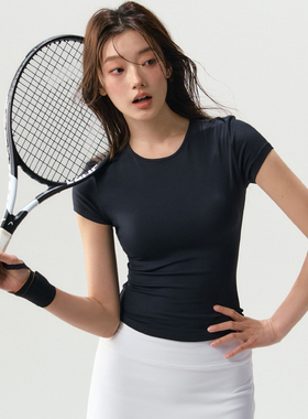 运动短袖女速干瑜伽t恤跑步普拉提训练服网球羽毛球套装健身上衣