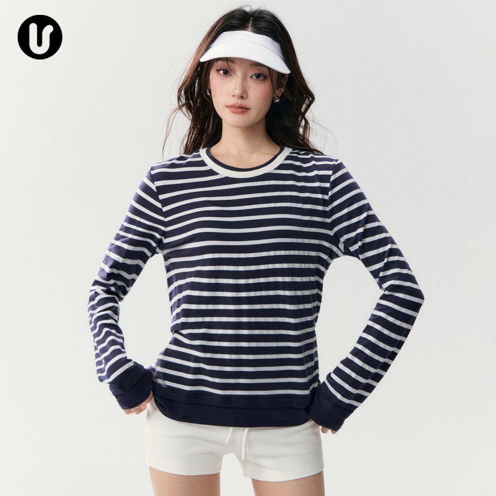 秋冬瑜伽服女条纹假两件跑步宽松运动上衣普拉提训练套装健身长袖