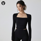 普拉提训练瑜伽服t恤 健身长袖 运动上衣女春新款 带胸垫假两件修身