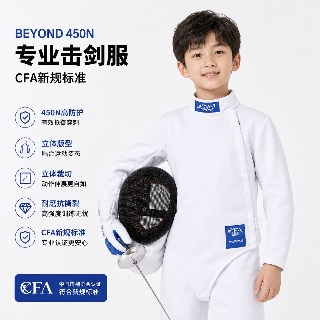 BEYOND儿童击剑服CFA450N符合新规比赛标准三件套上衣裤子背心图片