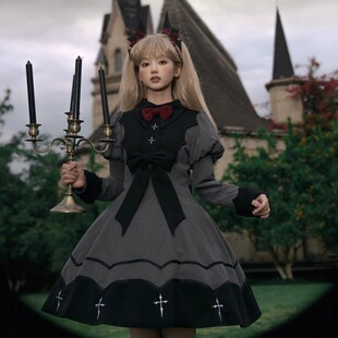 *吸血姬*现货长袖OP黑灰红北极星lolita万圣节蝙蝠主题纯色哥特裙