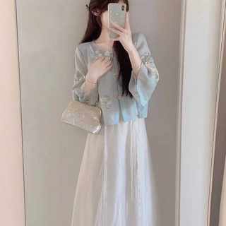 新中式国风套装女夏季小个子高级感气质盘扣上衣半身长裙子两件套