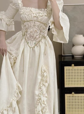 天使摇篮 法式复古宫廷设计感白色连衣裙腰封早秋套装