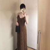 午夜罗马吊带连衣裙女夏季 气质立体花朵蕾丝收腰显瘦长裙