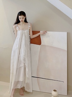 未闻花名白色珍珠蝴蝶蕾丝仙女网纱长款 吊带连衣裙