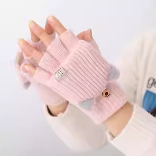 女毛线翻盖半指手套写字