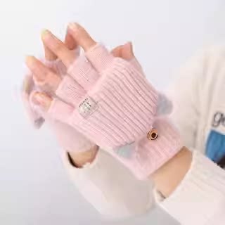 女毛线翻盖半指手套写字