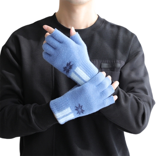 露指手套黑色男款冬季骑行棉情侣半指保暖毛线薄款五指学生针织女