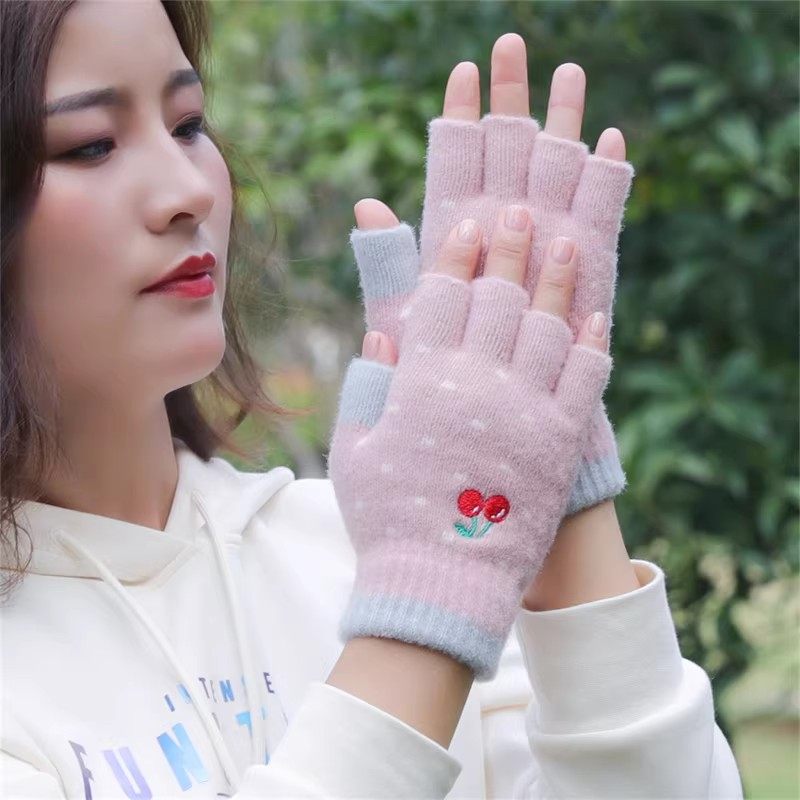 半指手套女秋冬季韩版简约保暖防寒针织毛线手套学生写字工作露指