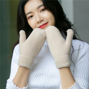 全包学生挂脖连指毛线 加绒保暖加厚可爱纯色时尚 韩版 手套女秋冬季