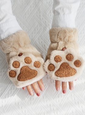 半指猫爪手套女冬天韩版可爱毛绒翻盖学生冬季加绒加厚保暖露五指