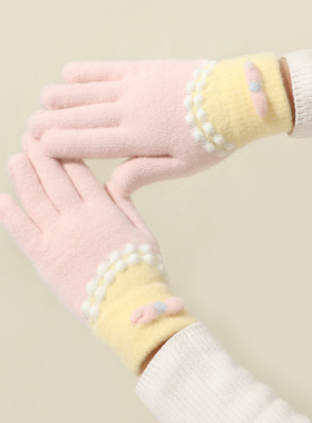 可爱蓝色毛绒针织五指手套女秋冬季保暖加绒加厚骑车防寒2025新款