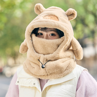 冬季骑行保暖帽子围脖一体女可爱卡皮巴拉女骑车防风保暖护耳毛绒