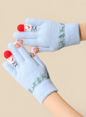 暖冬氛围感蓝色圣诞红帽小雪人触屏毛绒手套女冬季保暖学生骑车