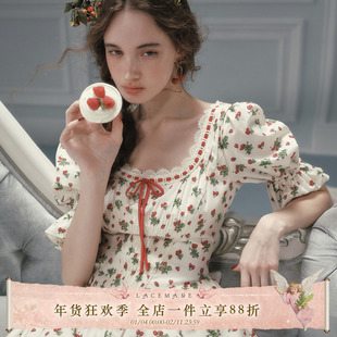 LaceMade 草莓乐园 法式田园风棉质少女收腰显瘦中袖碎花连衣裙女