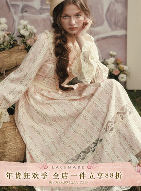 LaceMade 蜜糖花语 法式复古田园风长款印花蕾丝收腰长袖连衣裙秋