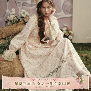 LaceMade 蜜糖花语 法式复古田园风长款印花蕾丝收腰长袖连衣裙秋