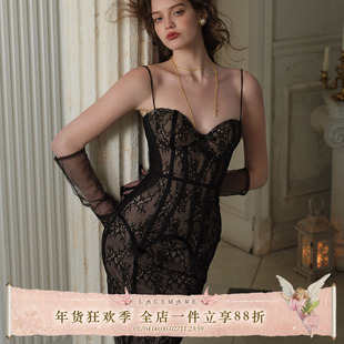 LaceMade 黑月束影 法式复古黑色蕾丝鱼骨修身性感吊带长款连衣裙