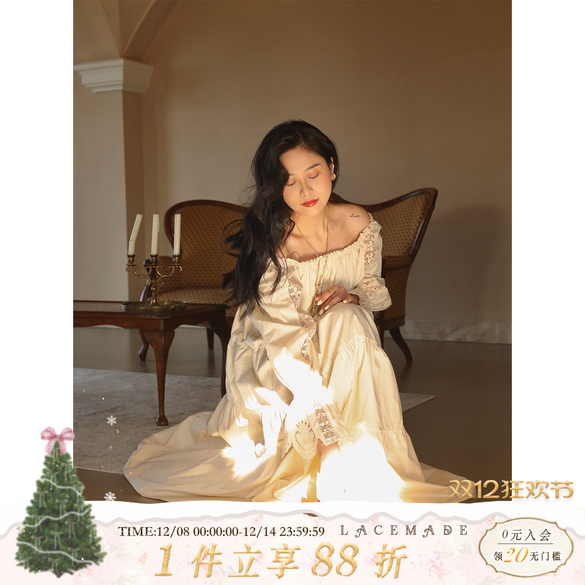 一字肩连衣裙法式文艺蕾丝花瓣袖