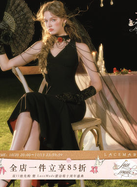 LaceMade 猩红诱惑 法式复古黑色红底鱼尾包臀连衣裙长款礼服裙女