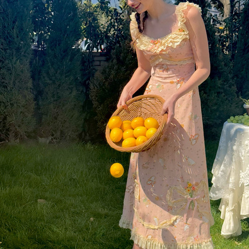 法式田园碎花长款吊带连衣裙