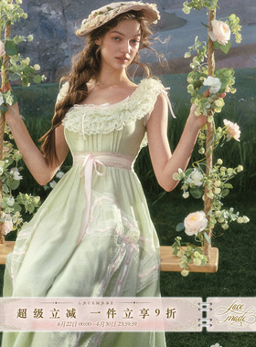 LaceMade 绿风筝 法式田园重工一字肩仙女裙绿色蕾丝裙女限时返场