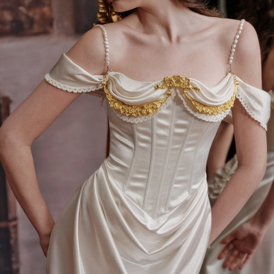LaceMade 圣女贞德 法式复古宫廷白色缎面裙设计感鱼骨连衣裙礼服