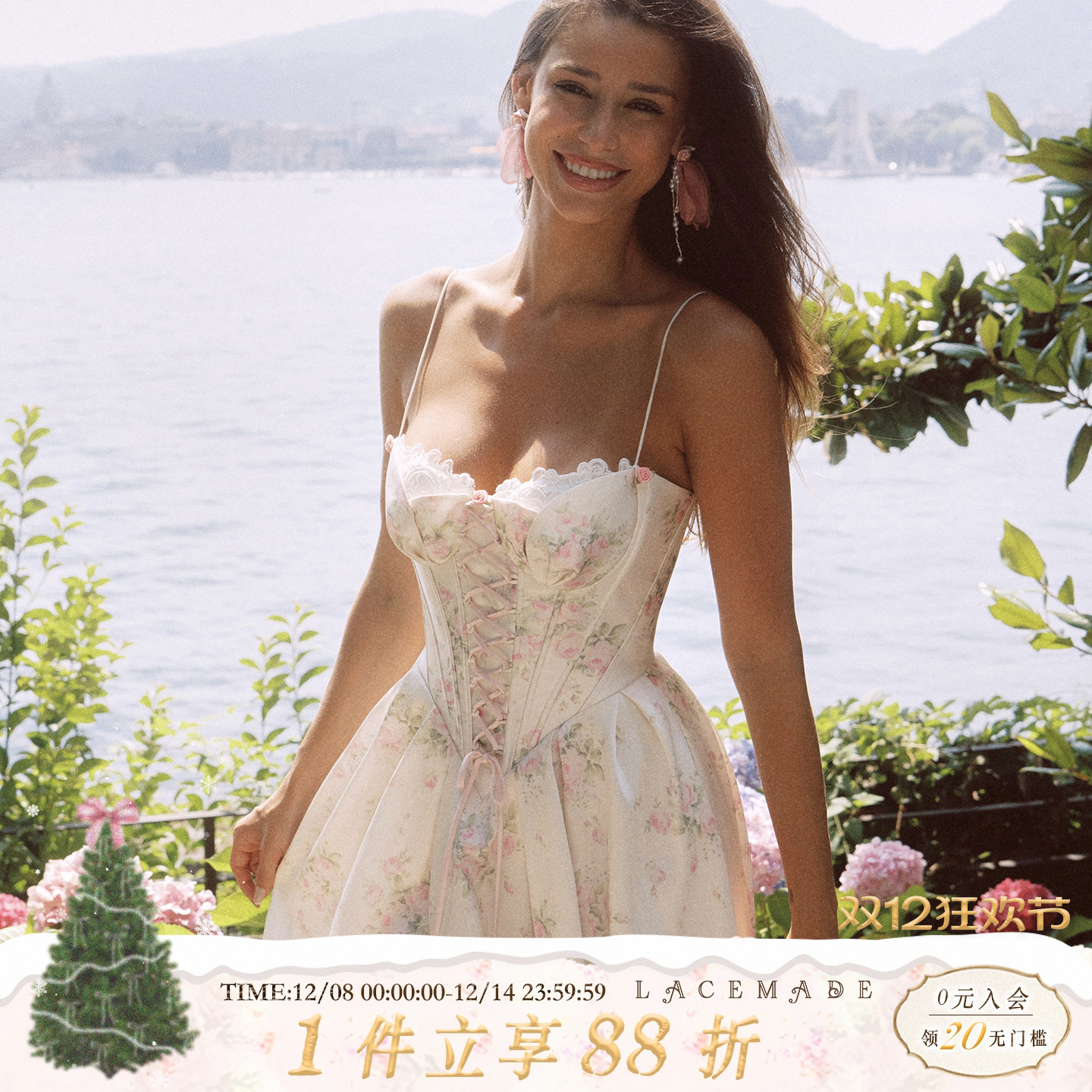 公主风A字裙尼龙印花绑带连衣裙