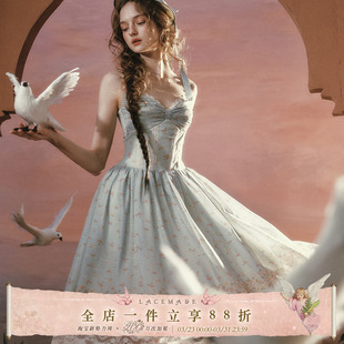 LaceMade 林间诗篇 法式田园绿色碎花甜美吊带连衣裙小个子长裙女