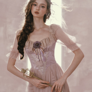 LaceMade 紫鸢公主 法式维多利亚风网纱裙紫色鱼骨连衣裙春夏长款