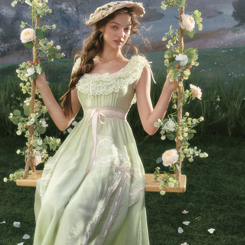 LaceMade 绿风筝 法式田园重工一字肩仙女裙绿色蕾丝裙女限时返场
