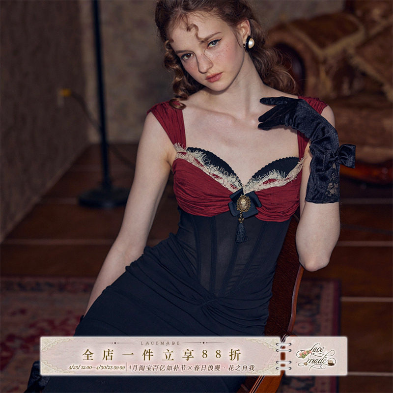 LaceMade 摇晃的红酒杯 法式复古风鱼尾缎面设计鱼骨连衣裙礼服裙