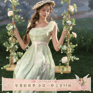 LaceMade 绿风筝 法式田园重工一字肩仙女裙绿色蕾丝裙女限时返场
