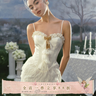 复古鱼骨裙轻婚纱晨袍礼服裙白色连衣裙女 法式 LaceMade 圣洁告白